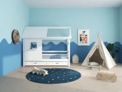 THUKA Nordic Hausbett Crossbar mit halb geschlossener Front, Dachpanele und 2 Schubladen weiß