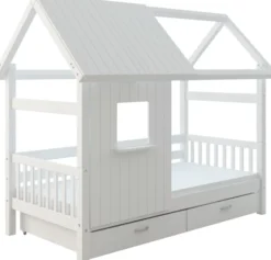 THUKA Nordic Hausbett Crossbar mit halb geschlossener Front, Dachpanele und 2 Schubladen weiß