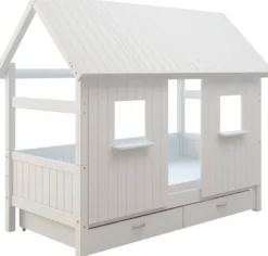 THUKA Nordic Hausbett Romantic mit geschlossener Front, Dachpanele und 2 Schubladen weiß