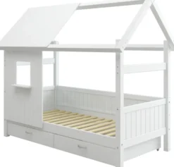 THUKA Nordic Hausbett Romantic mit halb geschlossener Front, Dachpanele und 2 Schubladen weiß