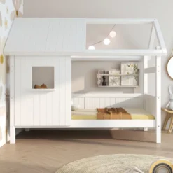 THUKA Nordic Hausbett Romantic mit halb geschlossener Front und Dachpanele weiß