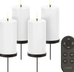 UYUNI Geschenkbox LED 4 Stumpenkerzen mit Kerzenhalter und Fernbedienung Smooth Nordic white